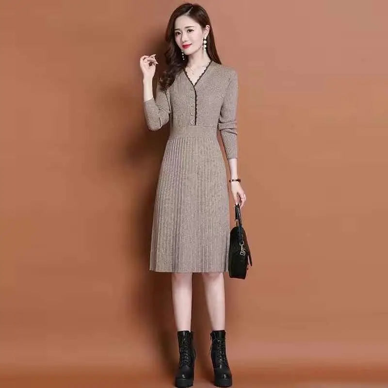 Fashion Ruffled Neck Button Folds Midi Dress Women's Clothing 2023 Autumn Winter Loose Elegant Office Lady Knitted Dress