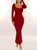 Women Ribbed Knit Long Sleeve Maxi Dress Slim Fit Solid Color Bodycon Pencil Long Dress Casual Fall Spring Clothes