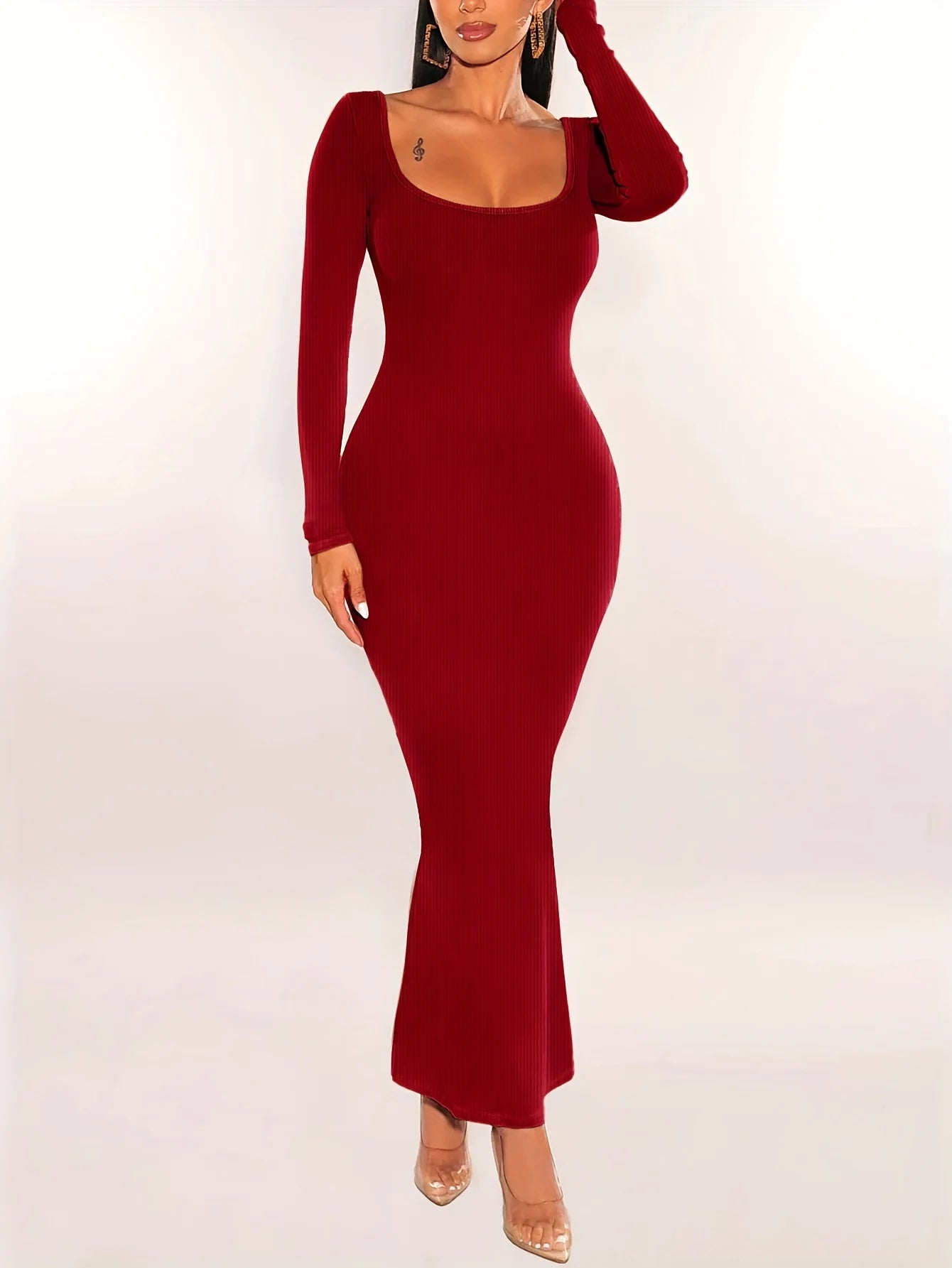Women Ribbed Knit Long Sleeve Maxi Dress Slim Fit Solid Color Bodycon Pencil Long Dress Casual Fall Spring Clothes