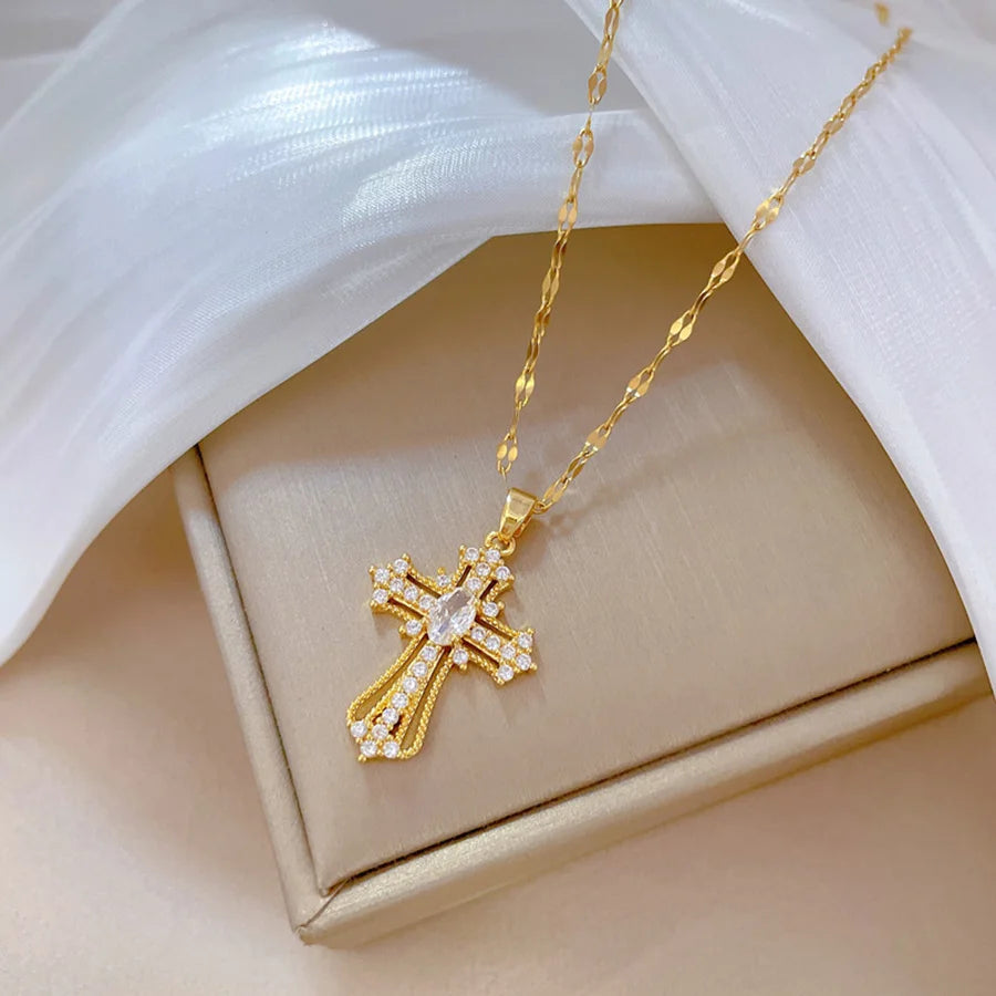Elegant Women's Cross Necklace Choker Chain Titanium Steel Luxurious Versatile Fashion Jewelry Accessory