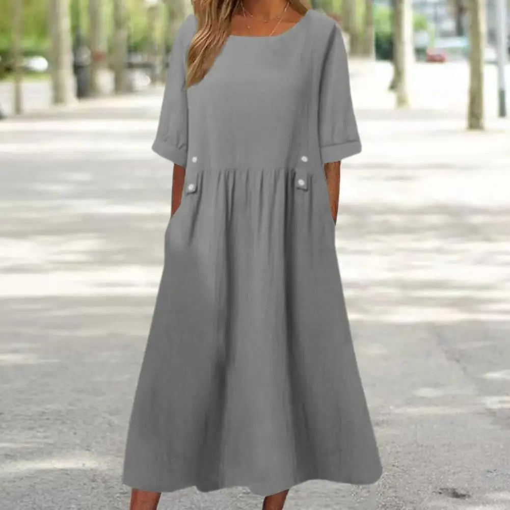 Loose Fit Dress Elegant Midi Dress with Pockets Button Decor for Women A-line Silhouette O Neckline Short Sleeves Solid Color