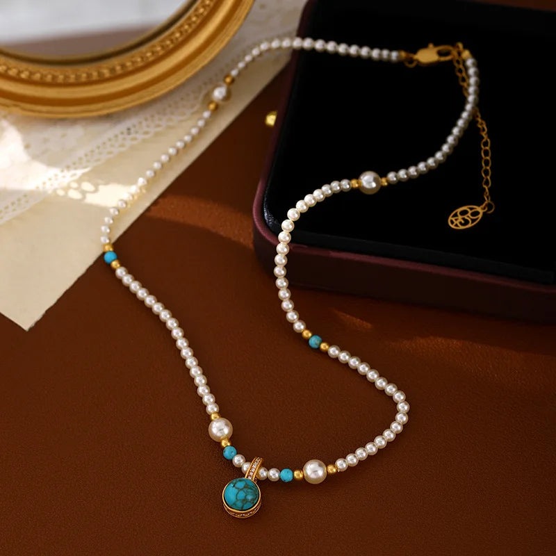 Modern Chinese Style Necklace 18K Gold Plated Turquoise Pendant with Pearl Beads Elegant Adjustable Collarbone Chain Jewelry