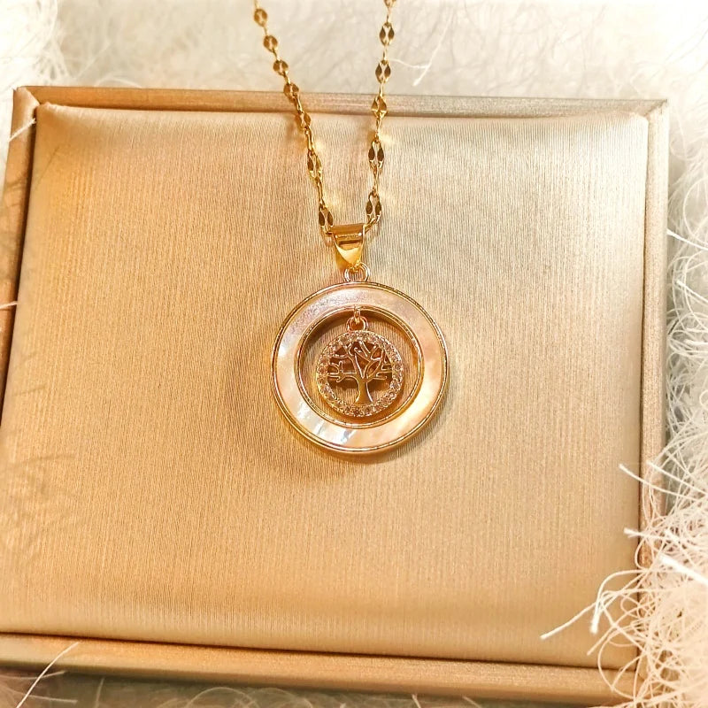 Gorgeous Necklace for Women with Copper Micro-inlaid Zircon, Seashell, Sunburst and Tree of Life Details