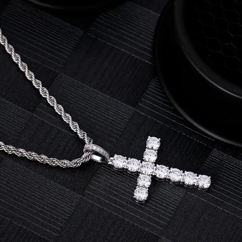 Iced Out Crystal Zircon Cross Pendant Necklace Silver Plated Twisted Chain Necklaces For Men Women