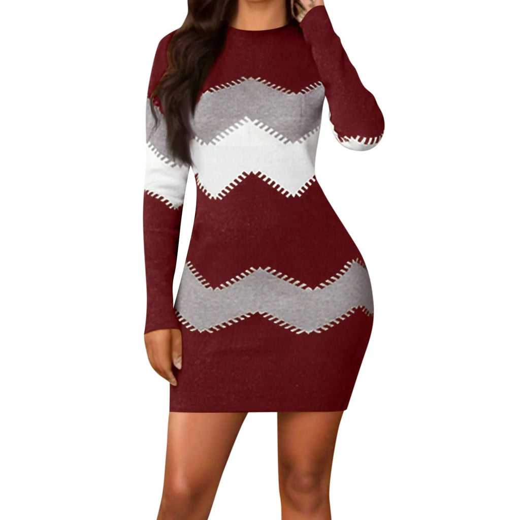 Women Sweater Dress Elegant Patchwork Warm Dress Winter Rib Knit  Casual Turtleneck Pullover Dresses vestidos para mujer