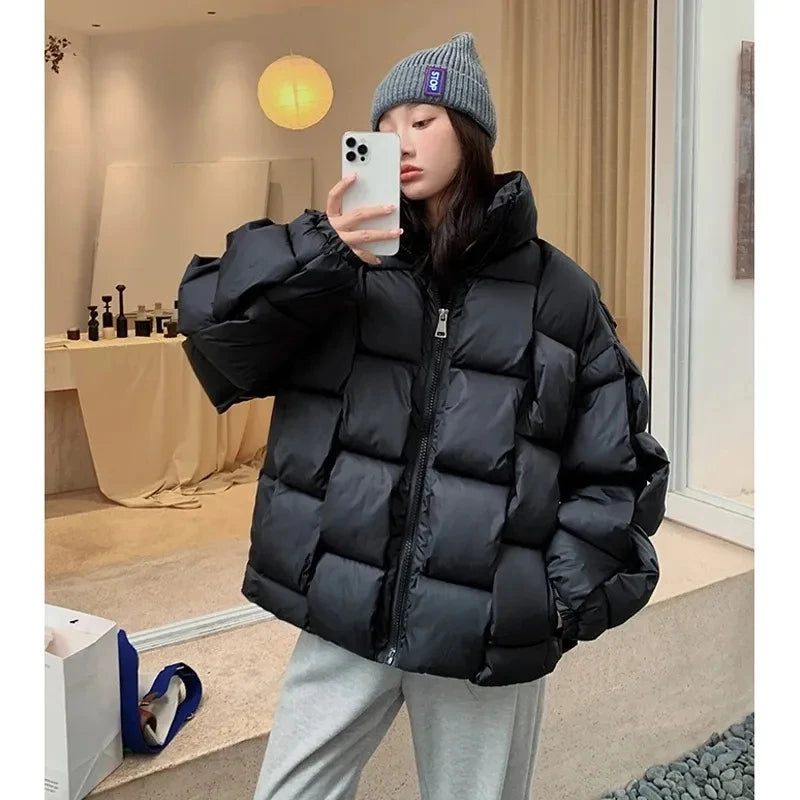 Winter Fashion Women Parkas Warm Down Cotton Coats Bubble Jacket Thick Knitted Loose Puffer Coat Stand Collar Female Outwear