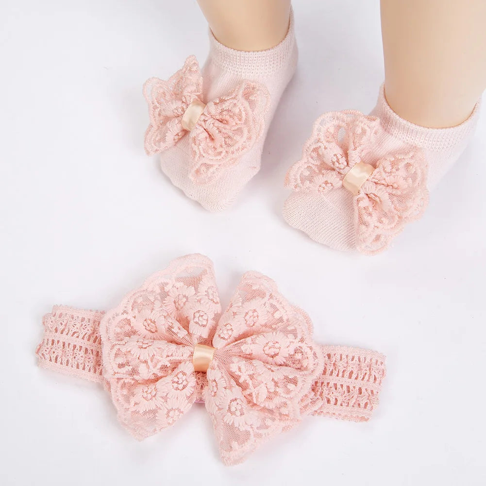 3Pcs/Set Cream Lace Baby Headbands&Socks Newborn Princess Girls Wide Rhinstone Pearl Eastic Hairbands Kids Headwear Photo Props