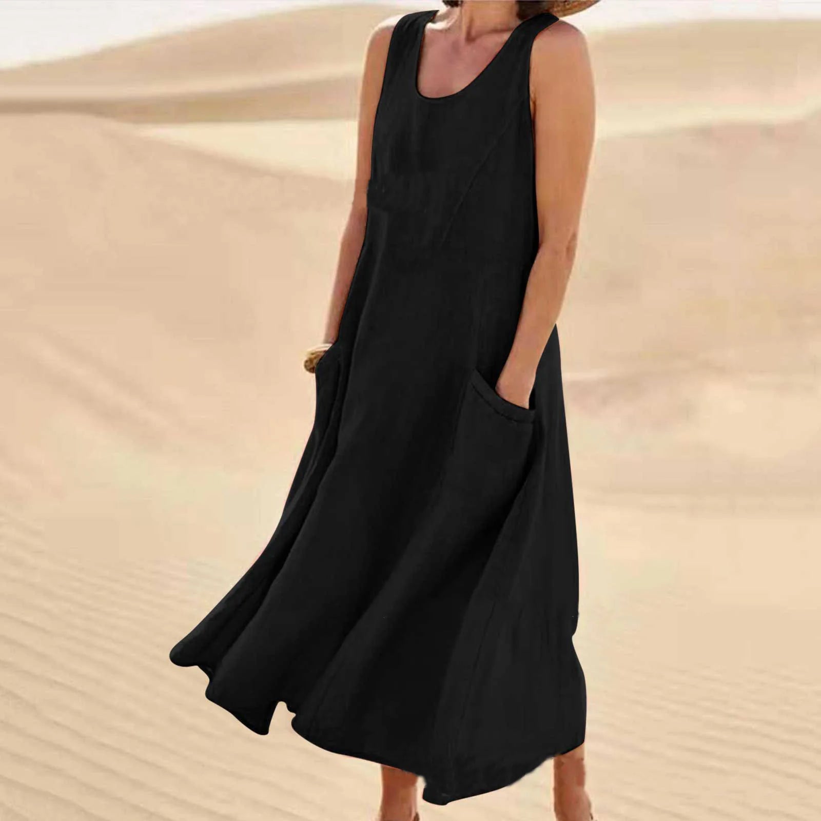 Women Coton Linen Sundress Summer Female Sleeveless Double Big Pocket Loose Sand Beachwear Long Dress Oversized S-5XL LRFZ-818