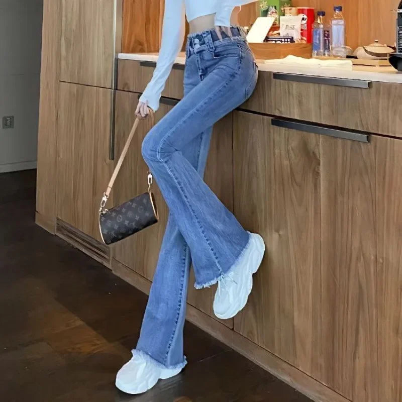 Women Spring Autumn High Waist Slimming Flared Jeans Straight Leg Loose Fit Long Pants Casual Comfortable Denim Trousers
