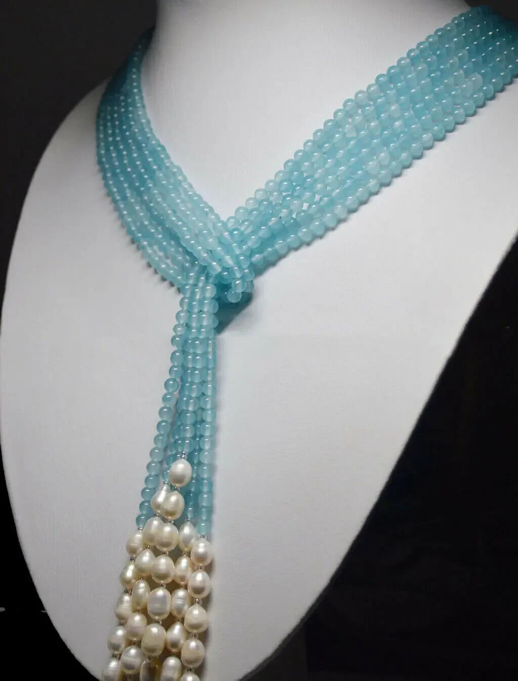 3 Strands 4mm Blue Aquamarine & 6-7mm White Rice Pearl Beads Long Necklace 49''