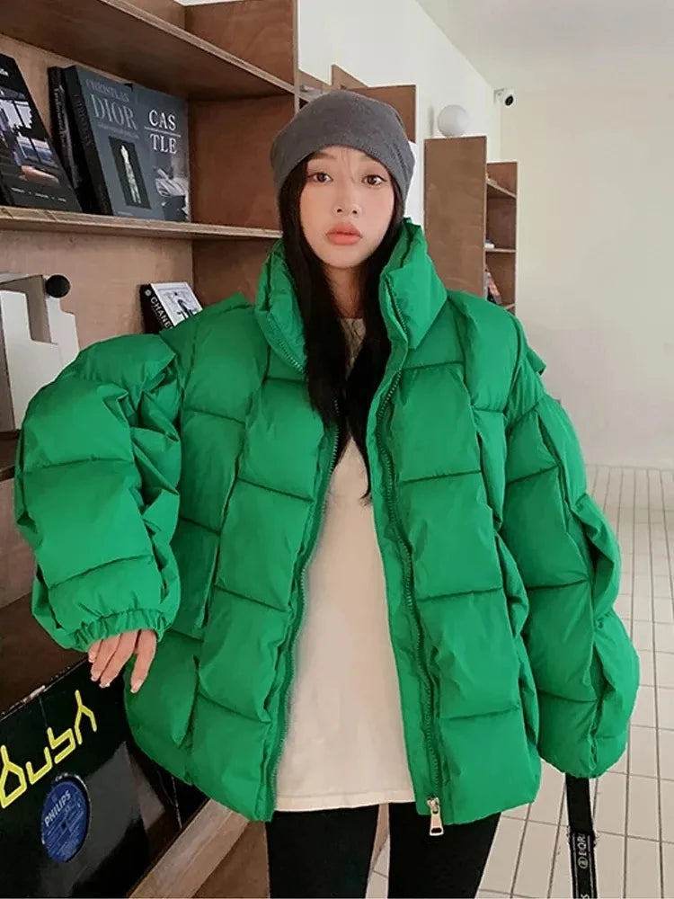 Winter Fashion Women Parkas Warm Down Cotton Coats Bubble Jacket Thick Knitted Loose Puffer Coat Stand Collar Female Outwear
