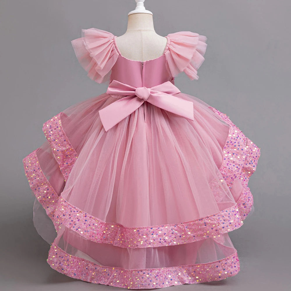 Girls Party Dresses Elegant Tulle Layered Children Long Evening Prom Gown Sequins Puffy Festive Dress for Girl