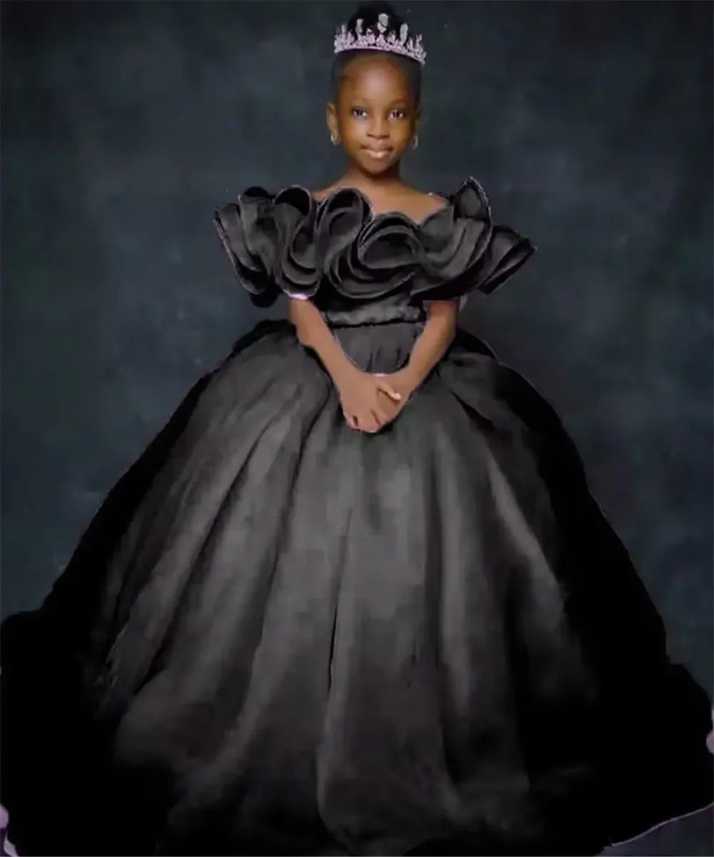 Custom JDY Kids' Birthday Dress Custom Flower Girl Dress Off-Shoulder Ruffled Tiered Tulle Ball Gown Wedding