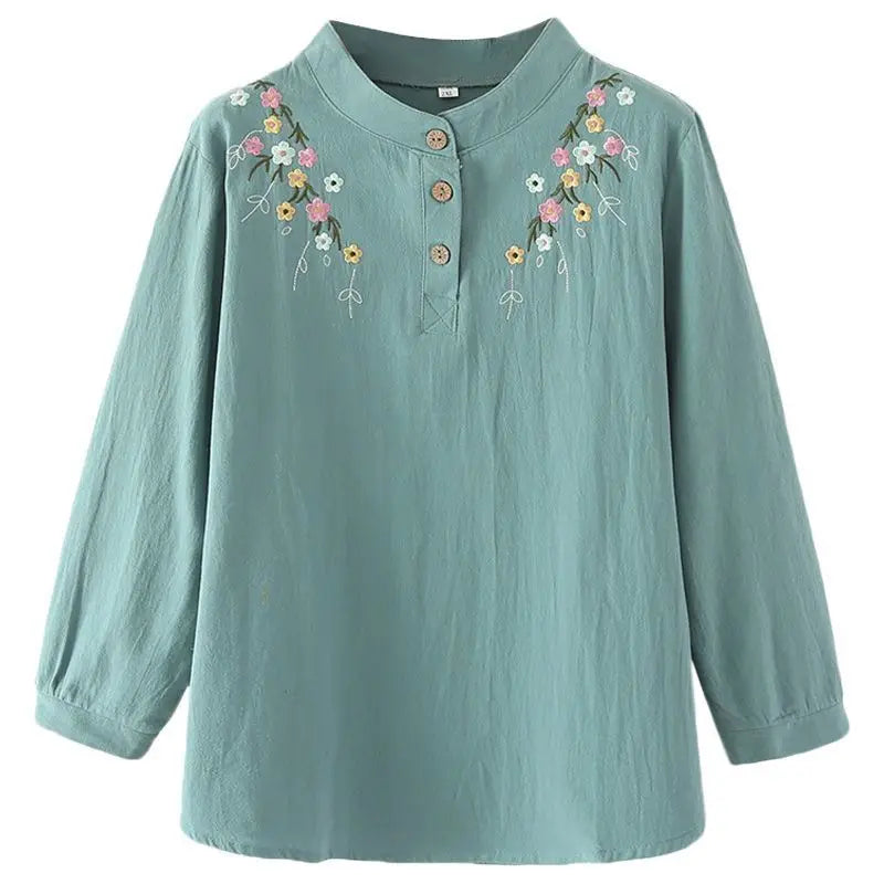 MiddleAged Women Spring Autumn Long Sleeve Shirt Full Cotton Embroidered Loose Stylish Base Layer