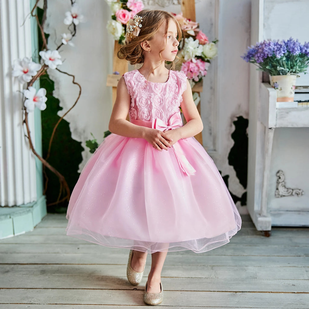 Princess Dress for Girls Puff Sleeve Gala Party Gown Elegant Kids Birthday Outfits Flower Children Wedding Formal V-Back Dresses