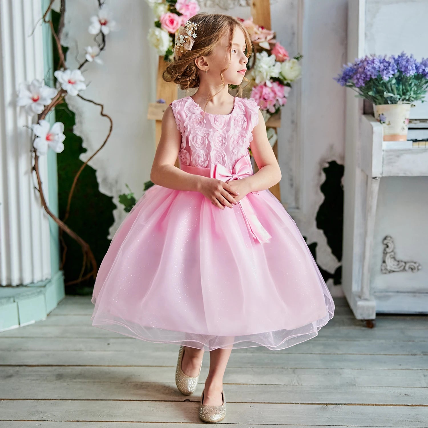 Princess Dress for Girls Puff Sleeve Gala Party Gown Elegant Kids Birthday Outfits Flower Children Wedding Formal V-Back Dresses