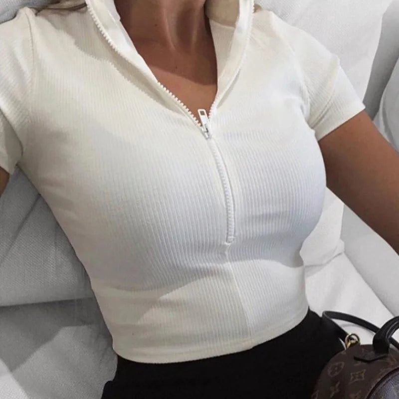 Women's Clothing New Stand-Up Collar Zipper Short-Sleeved T-Shirt Girls Chest Revealing Navel Slim Tight Sexy Comfortable Sports
