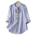 Summer Women's Vintage Embroidered Cotton Linen Stand Half Sleeve Shirt Blouse Short Sleeve Active Wear