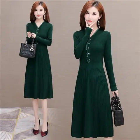 Fashion Ruffled Neck Button Folds Midi Dress Women's Clothing 2023 Autumn Winter Loose Elegant Office Lady Knitted Dress
