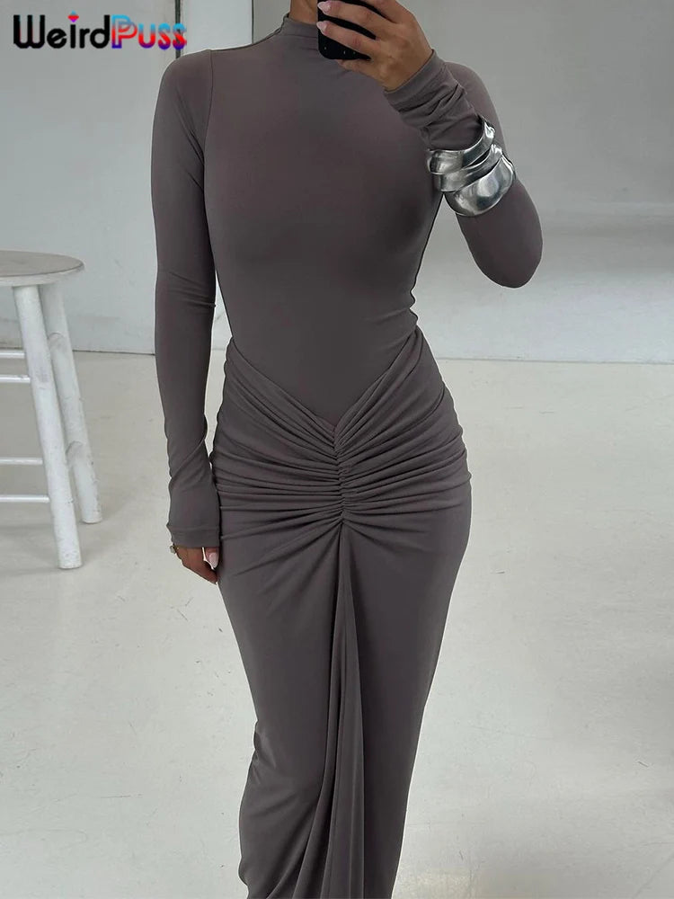 Weird Puss Hipster Ruched Dress Women o-NeckFull Sleeve  Skinny Stretch Robe Autumn Trend Simple Classic Pleats Long Bodycon