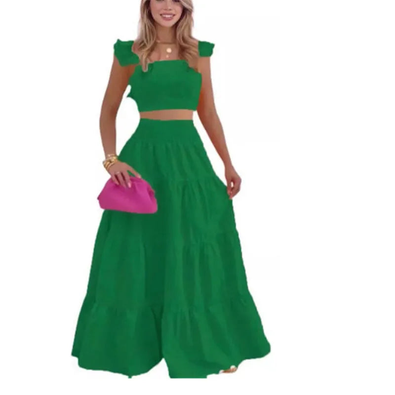 Dress Set Two-piece Women's Clothing Solid Color Sexy Suspender Large Swing Skirt Short Sleeved Square Neck Top Summer Outfits