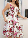 2025 New Plus Size Floral Print Square Neck Sleeveless Dress - Flared Skirt, Stretchy Fabric, Machine Washable, Spring/Summer Ca