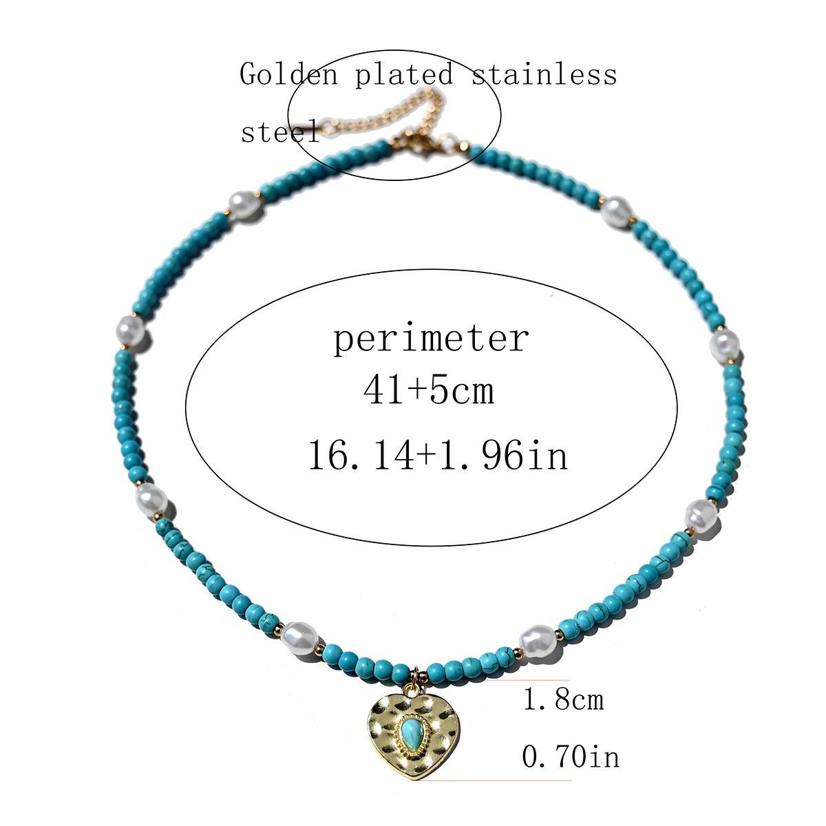 Artificial Turquoise Beads Heart Eye Pendant Necklace For Women With a Golden Stainless Steel Buckle Imitation Pearl Jewelry