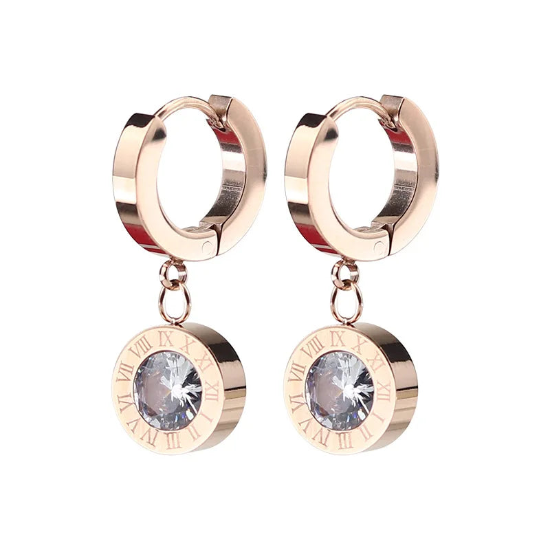 2023 Fashion Classic Roman Crystal Disc Pendant Stainless Steel Rose Gold Colour Earrings Women's Colorless Jewelry Accessories