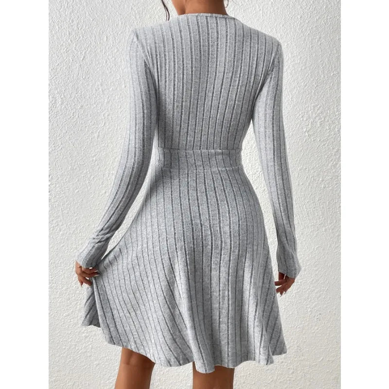 Autumn/Winter 2024 Women Knit Slim Sexy Bodycon Dress V-Neck Long Sleeve Dress Solid Casual Midi Sweater Dress Robe Femme Été