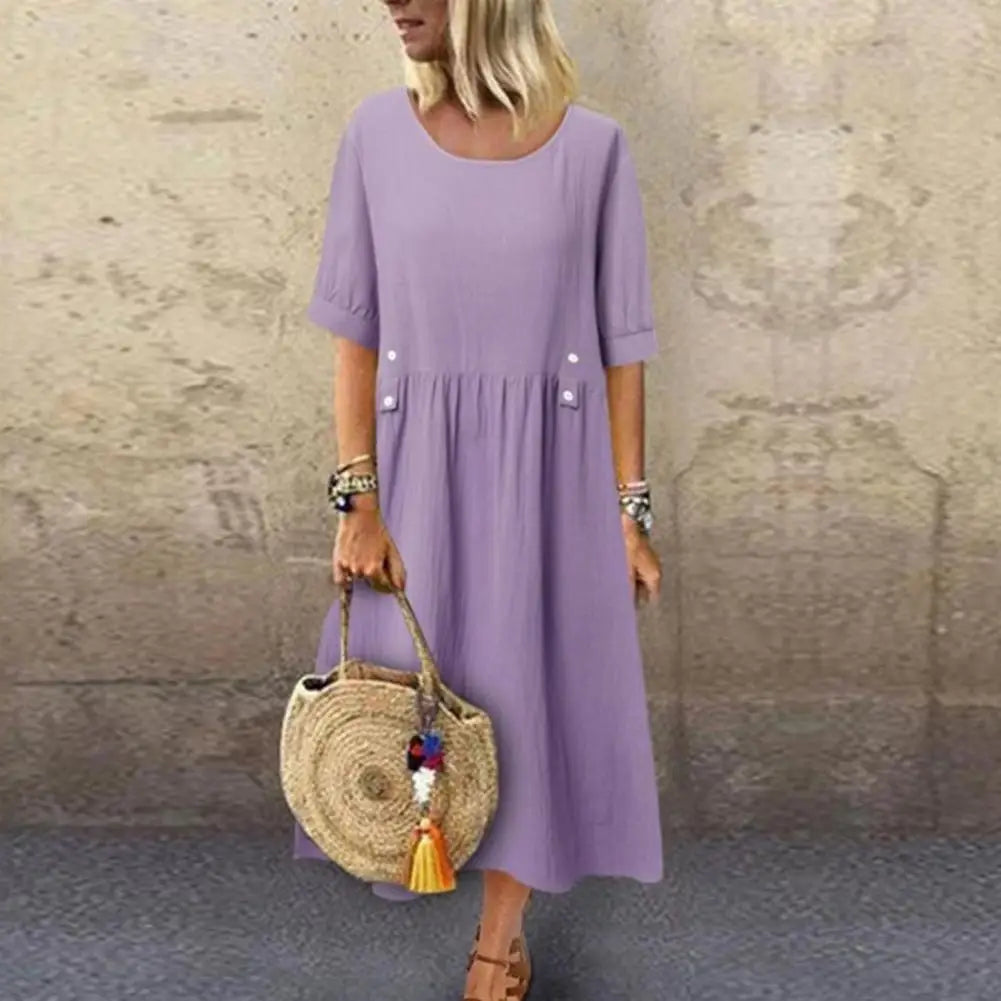 Loose Fit Dress Elegant Midi Dress with Pockets Button Decor for Women A-line Silhouette O Neckline Short Sleeves Solid Color