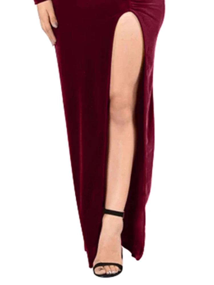 Autumn and Winter Women's Long Sleeve V-Neck Dress High Slit Sexy Long Dress Elegant Banquet Evening Gown