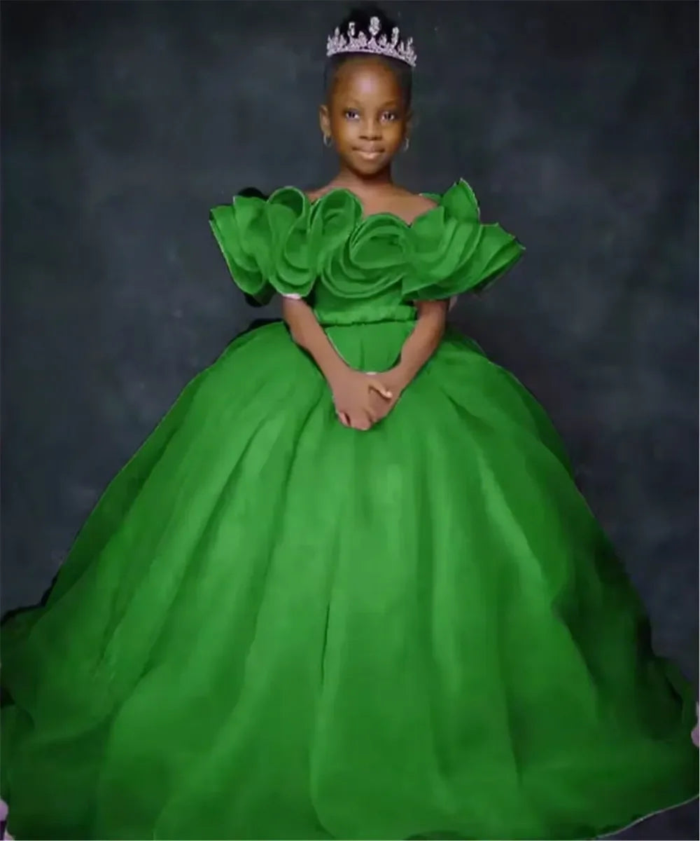 Custom JDY Kids' Birthday Dress Custom Flower Girl Dress Off-Shoulder Ruffled Tiered Tulle Ball Gown Wedding