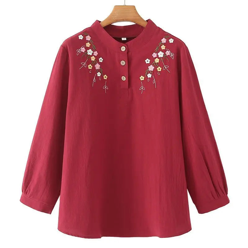 MiddleAged Women Spring Autumn Long Sleeve Shirt Full Cotton Embroidered Loose Stylish Base Layer
