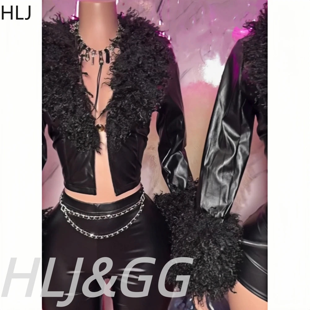 HLJ Black Fashion Feather Splicing Leather Two Piece Sets Women V Neck Long Sleeve Top+Shorts Outfits Trend Y2K 2pcs Streetwear