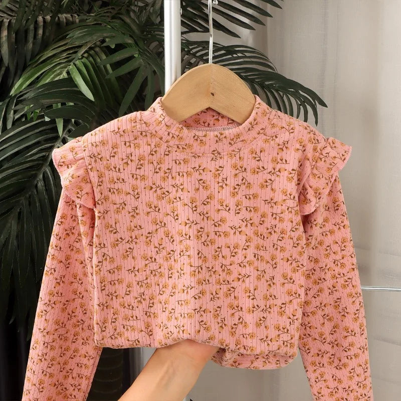 Girls Autumn Floral Bottoming Shirt Girls Flying Sleeves T-shirt Little Girl Wild Net Red Baby Kids Bottoming Shirt