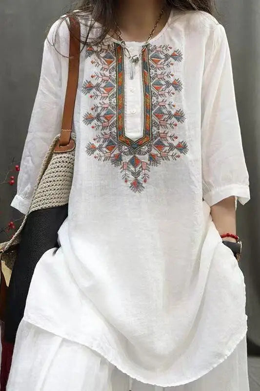 Summer Heavy Industry Retro Embroidered Shirt Mid-length Loose Cotton and Linen Fashionable Shirt Casual Literary Pullover Top