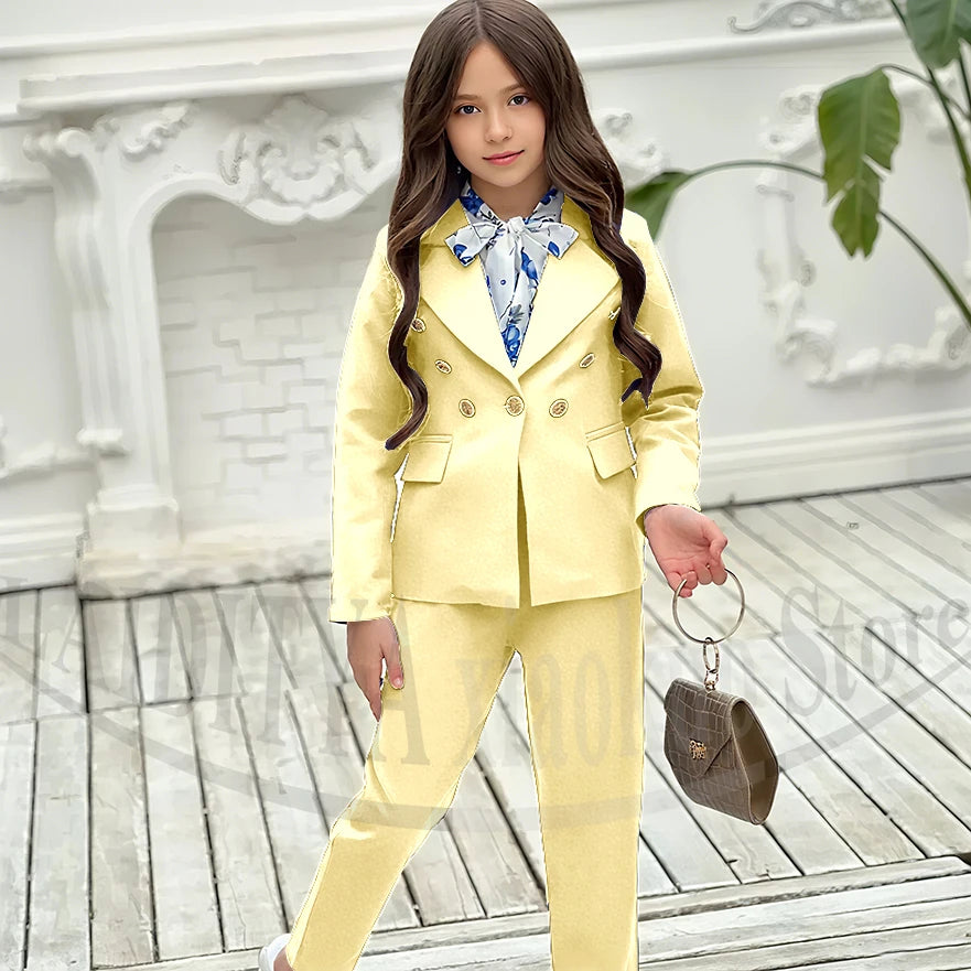 Girl Suits 2 Piece Elegant Daily Casual Fashion Kids Outfits Party Wedding Chic Double Breasted Notch Lapel Girl Clothes