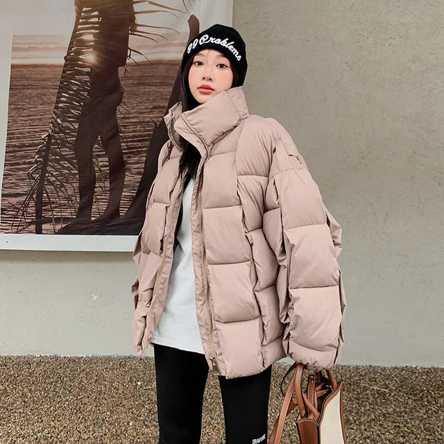 Winter Fashion Women Parkas Warm Down Cotton Coats Bubble Jacket Thick Knitted Loose Puffer Coat Stand Collar Female Outwear