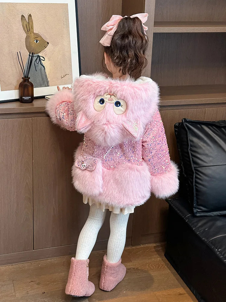 Cute Stellalous Kuromi Girl Fur Coat Plush Jacket Fashion Hooded Padded Jacket Winter New Teen Thicken Warmth Fur Coat Outerwear