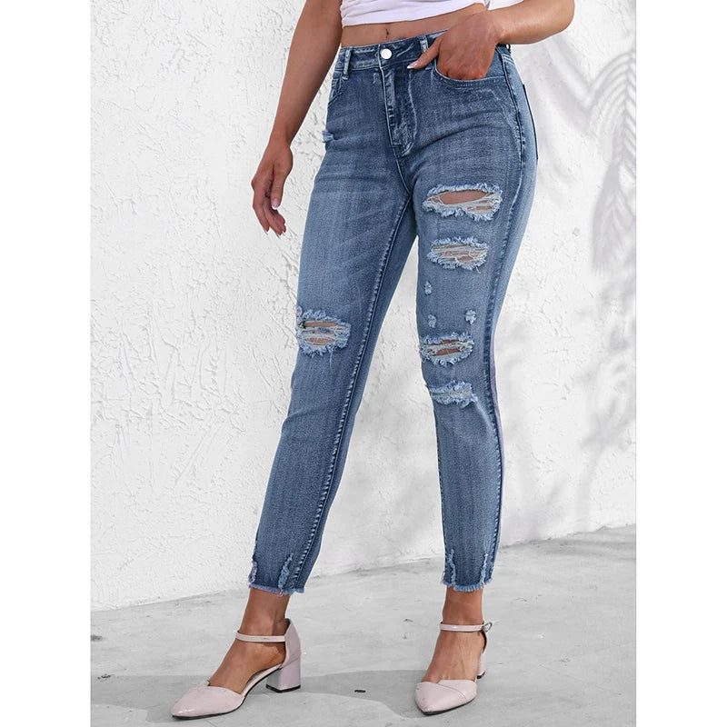 Female Ripped Narrow Straight Leg Jeans Lady Chic Korean High Waist Denim Trousers Women Fashion Designer Casual Pants