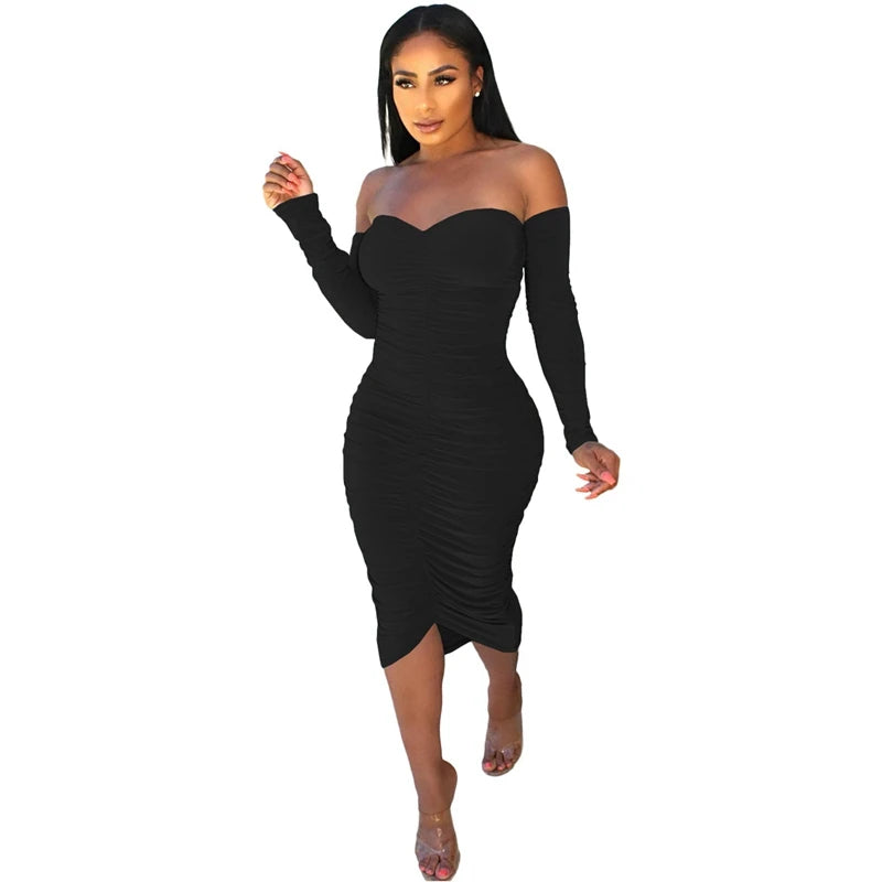 Sexy Ruched Bodycon Midi Dress for Women 2022 Elegant Long Sleeve Off Shoulder Bandage Party Dress Night Celebrity Club Dress