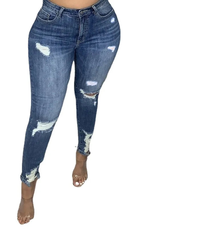 Jeans Women Hole Denim Pencil Pants Ripped Distressed Washed Skinny Stretch High Waist Streetwear Ankle Length Trousers 2025
