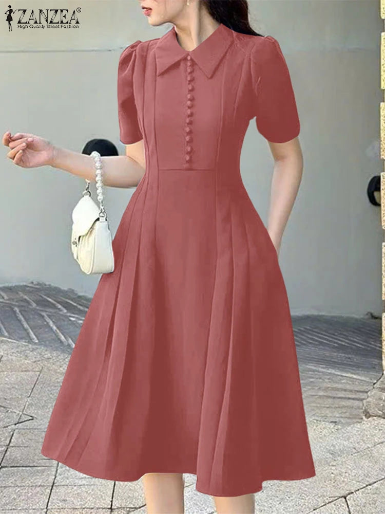 ZANZEA Elegant Women Pleated A-Line Dresses Summer Fashion Short Sleeve Fitted Waist Robes Femme Office Commuting Midi Vestidos