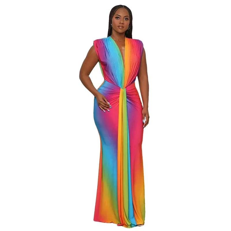 Elegant and Fashionable Dinner Party Dress Women's Sleeveless Colorful Print Sexy Deep V Slim Fit Long Dress