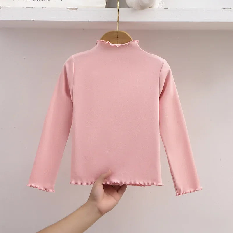 Children Clothing New Girls Base Shirt For Autumn and Winter Children Trendy Black Fungus Edge Solid Color Long Sleeved T-shirt