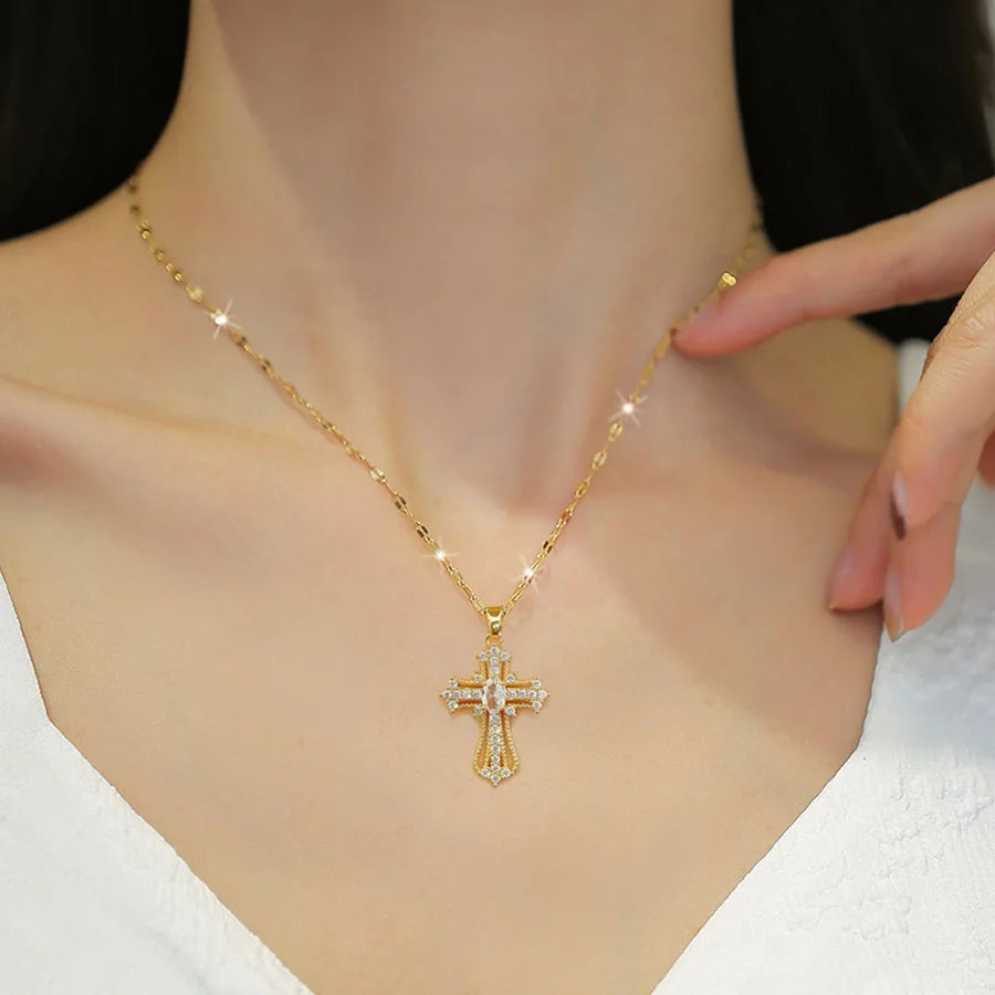 Elegant Women's Cross Necklace Choker Chain Titanium Steel Luxurious Versatile Fashion Jewelry Accessory