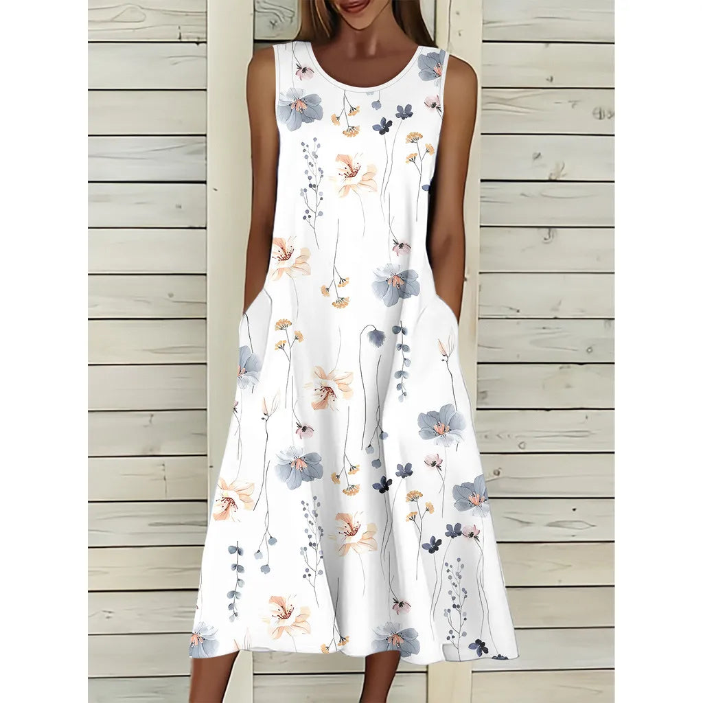 2025 Women's PLUS SIZE Summer Sleeveless Print Casual Dress for Holiday Women Clothing  Maxi Dress  White Dress summer dress