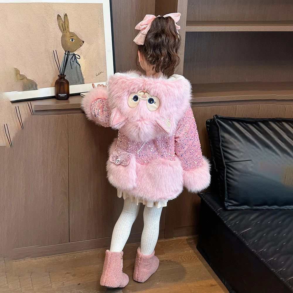 Cute Stellalous Kuromi Girl Fur Coat Plush Jacket Fashion Hooded Padded Jacket Winter New Teen Thicken Warmth Fur Coat Outerwear