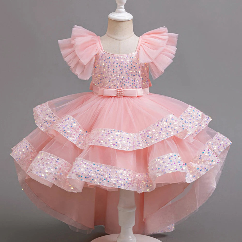 Girls Party Dresses Elegant Tulle Layered Children Long Evening Prom Gown Sequins Puffy Festive Dress for Girl