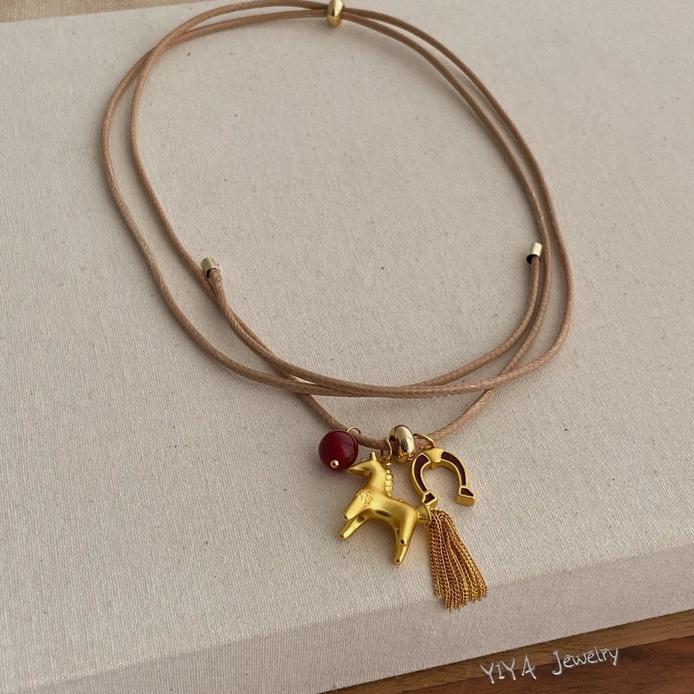 Minar Funny Metallic Cartoon Horse Multi Tassel Beads Pendant Necklaces for Women Female Adjustable Long Wax Rope Chain Chokers